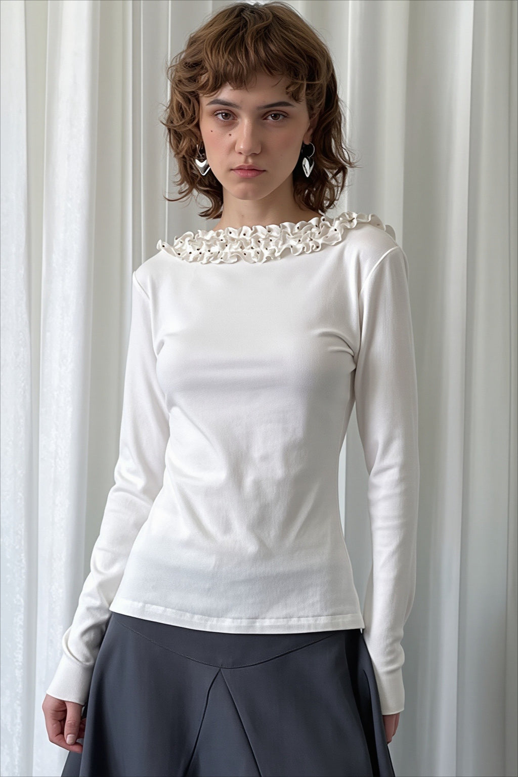 Ruffled V Neck Slim Long Sleeve T-shirts
