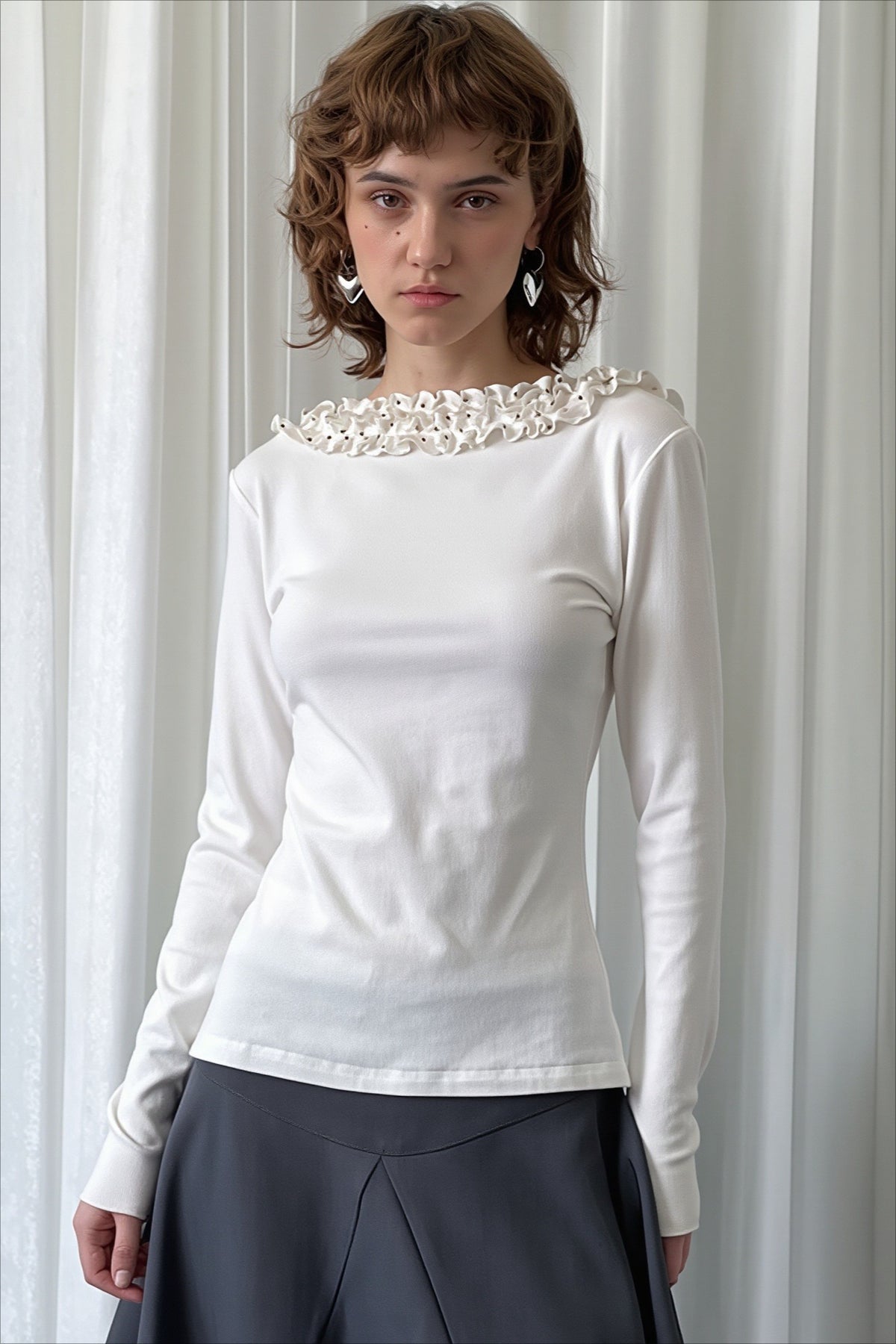 Ruffled V Neck Slim Long Sleeve T-shirts