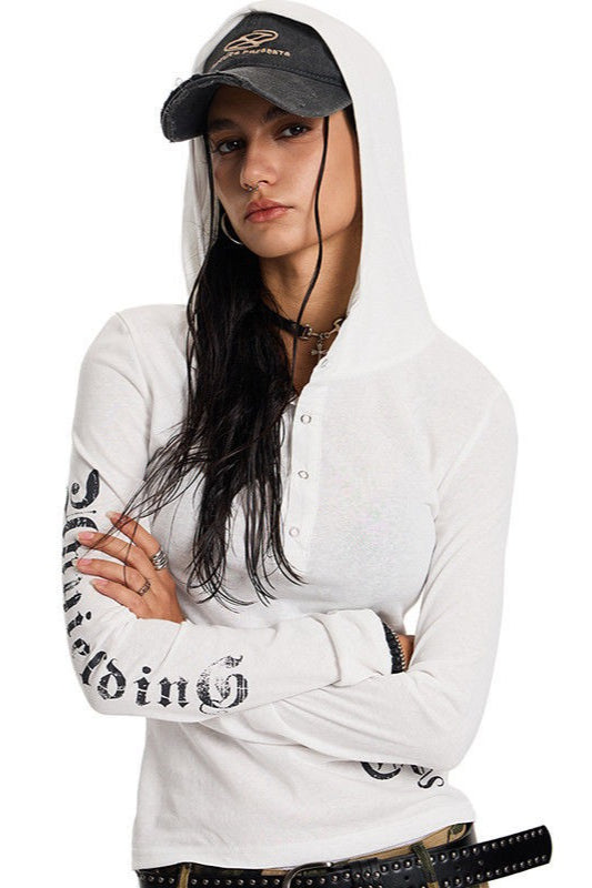 Gothic Script Fitted Button Placket Hoodie