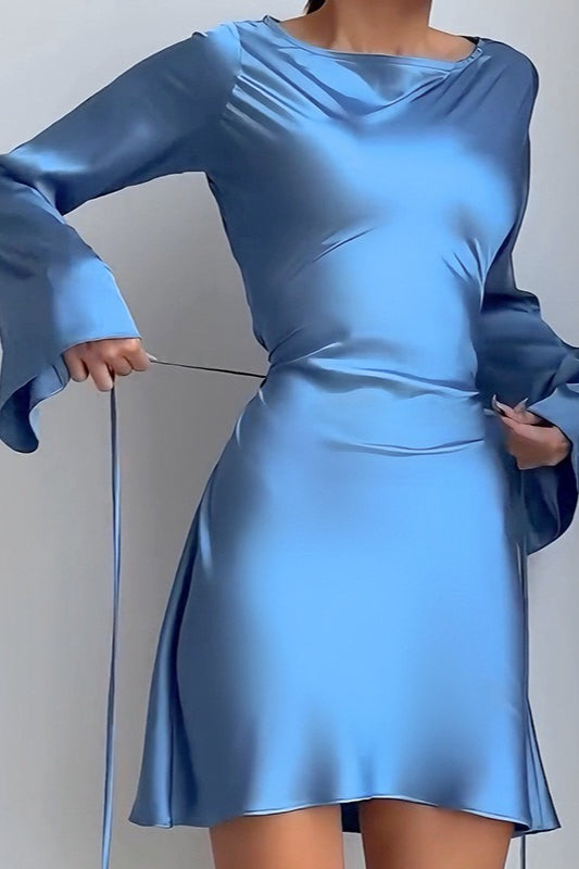 Satin Bodycon Belted Mini Silk Dress Main image