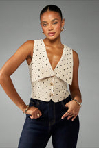 Polka Dot Collared Button Front Vest Crop Top