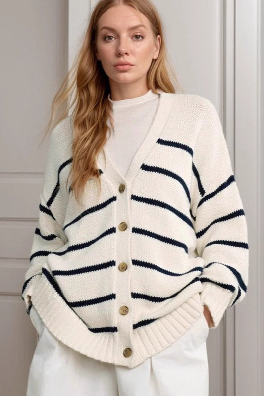 Striped V Neck Cotton Cardigan Sweater Main image