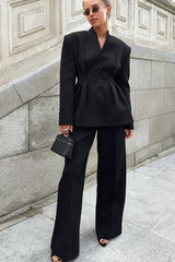 Ruched V Neck Waist Cinched Blazer Pants Two Piece Set