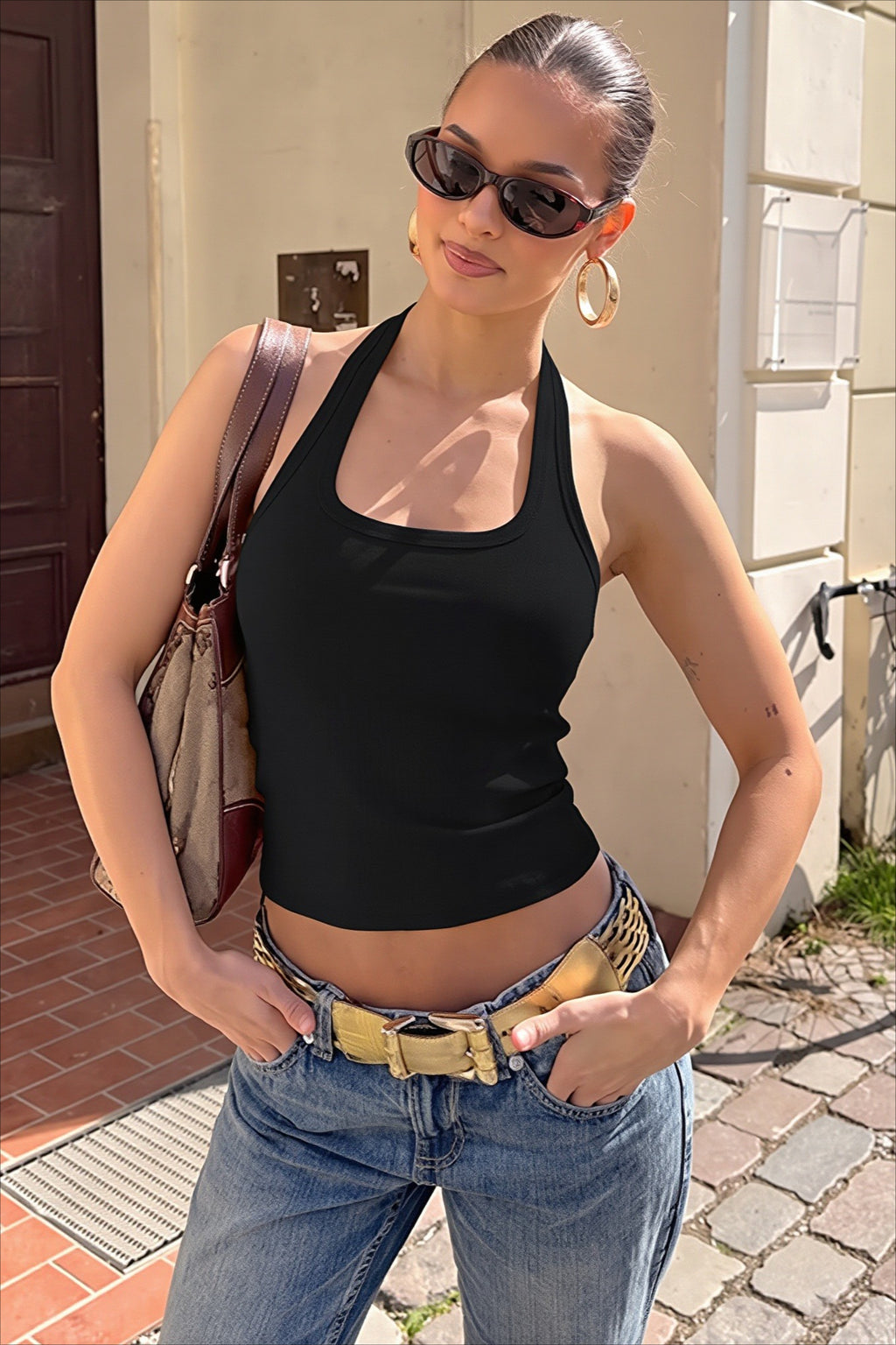 Solid Halter Backless Fitted Crop Top