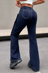 Button Front High Stretch Flare Floor Length Jeans