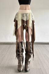Sheer Lace Overlay Fringe Hem Skirt