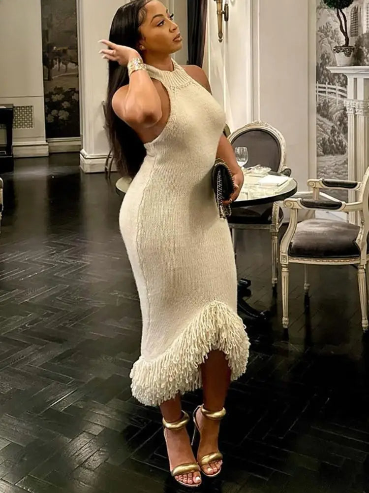 Tassel Hem Backless Knitted Party Dress Main image