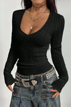 Cable Knit Deep V Fitted Pullover Sweater