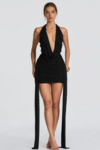 Deep V Halter Sash Teardrop Bodycon Party Dress