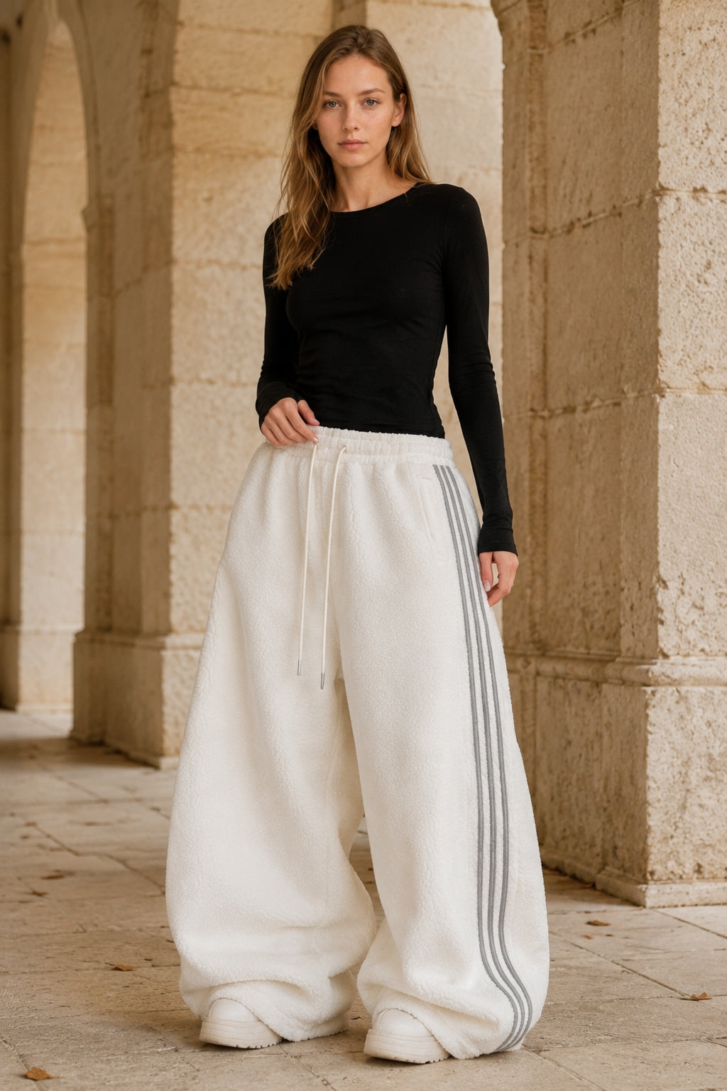Sporty Plush Wide-Leg Striped Pants