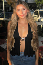 Mesh Panel Metal Buckle Halter Crop Top