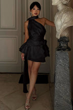 Satin Bardot Low-Back Party Dress