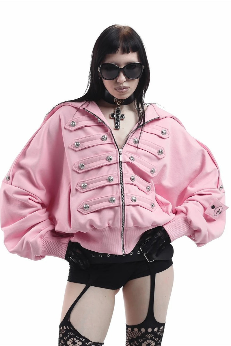 Metallic Buckle Oversized Zip Up Hoodie