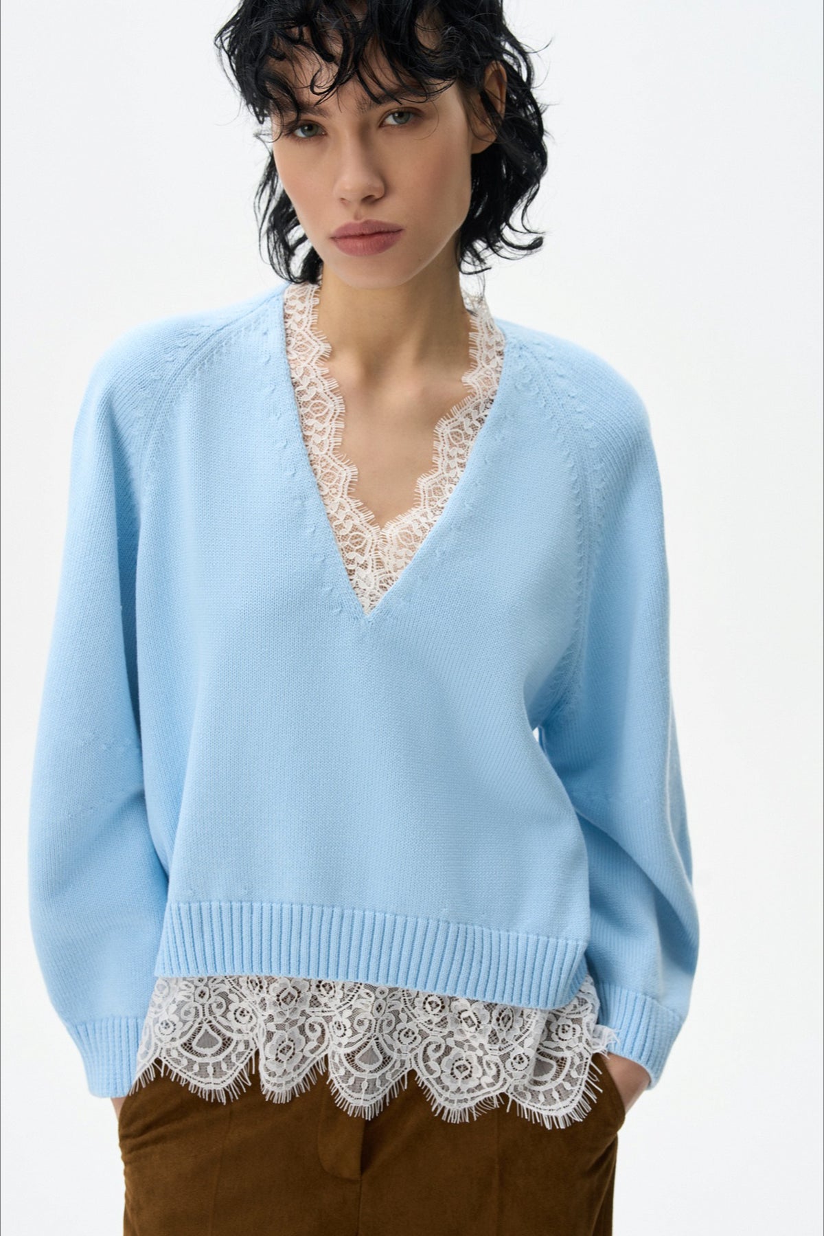 Lace Edge V Neck Relaxed Pullover Sweater