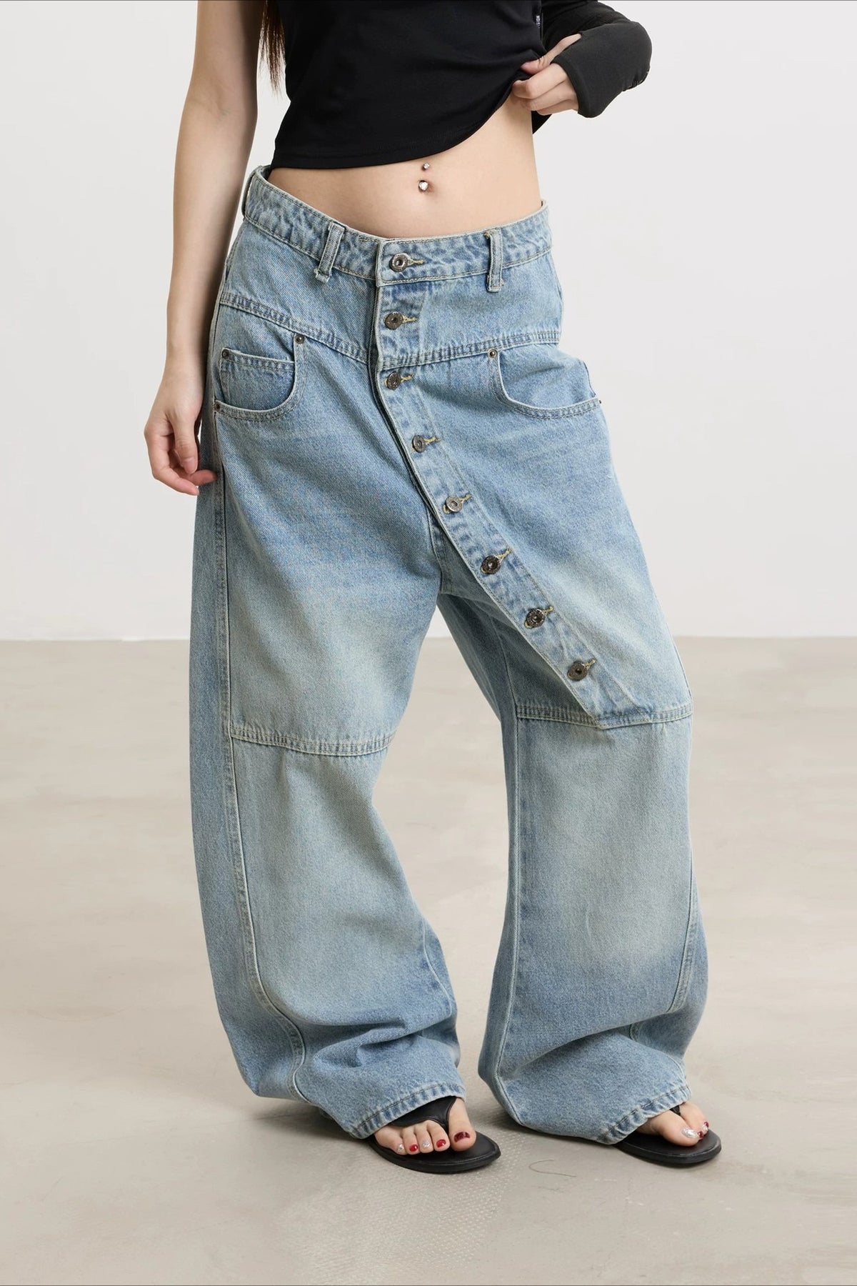 Asymmetric Button Washed Wide Leg Streetwear Jeans