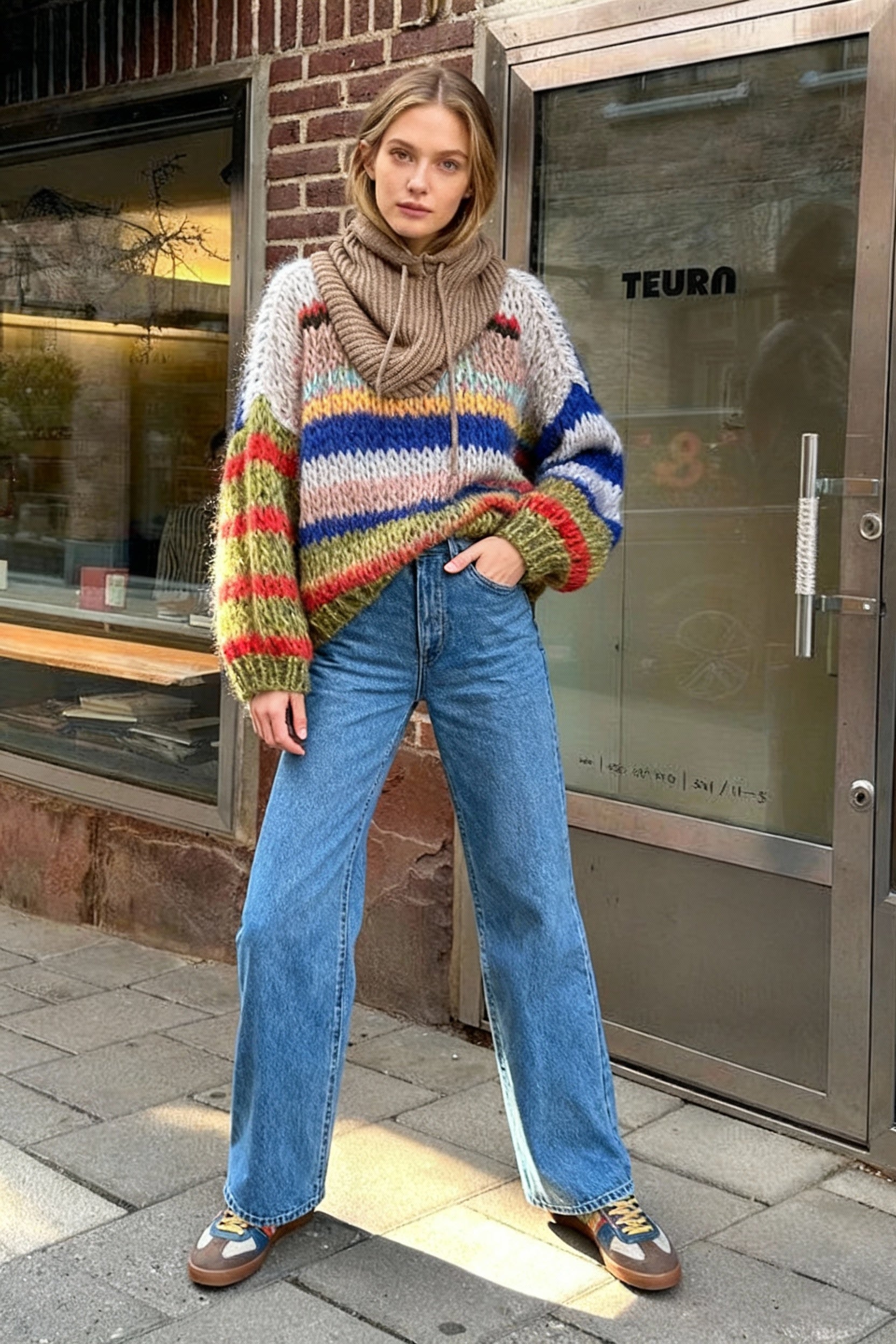 Fashion Contrasting O Neck Hollow Out Knitted Pullover Women Long Sleeve Loose Sweater Main image