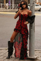 Ruched Low-Neck Floral Dress