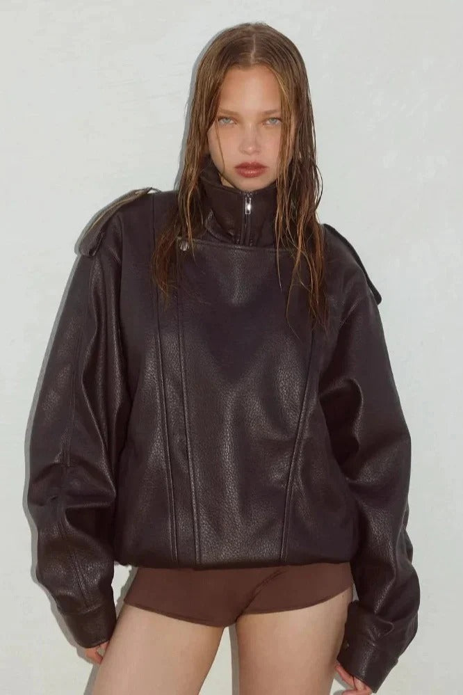 Stand Collar Zip Up Leather Jacket Main image