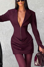 Plunging Lapel Ruched Long Sleeve Mini Party Dress