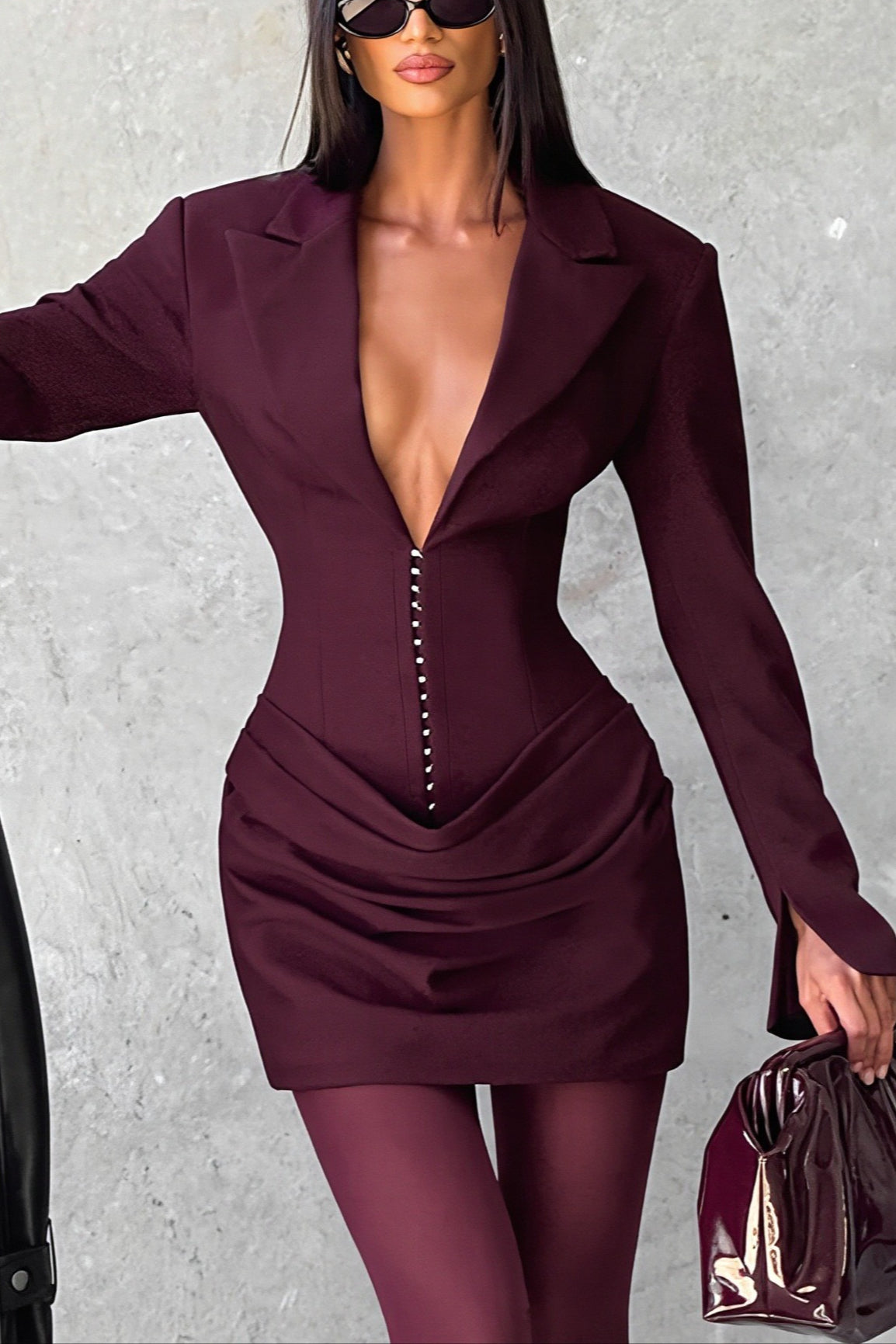 Plunging Lapel Ruched Long Sleeve Mini Party Dress
