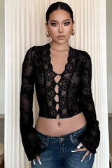 Printed Mesh Ruffled Sheer Chic  Crop Top