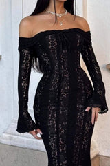 Chic Sexy Lace Bell Sleeve Tube Top Slim High Waist Boho Dress