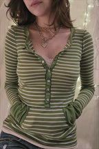 Striped Button Front Deep V Neck T-Shirt