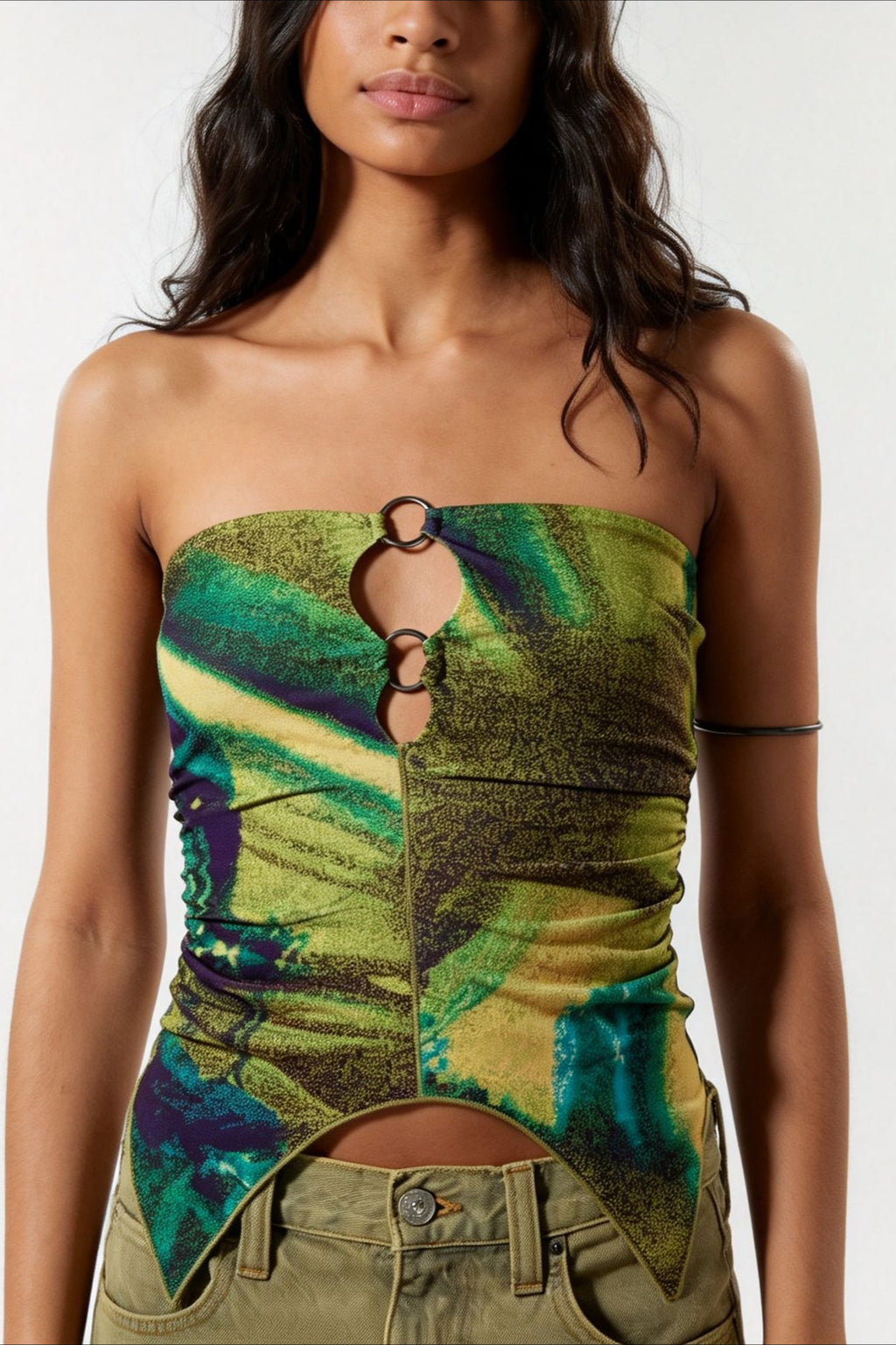Printed Panel Backless Bandeau Crop Top