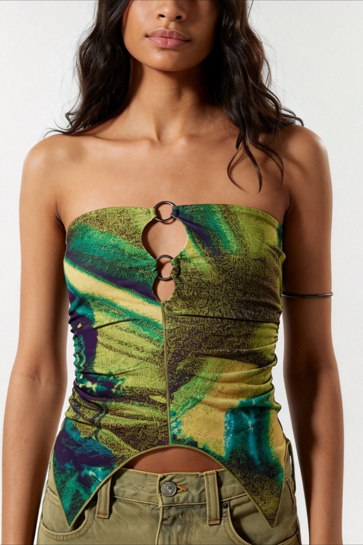 Printed Panel Backless Bandeau Crop Top