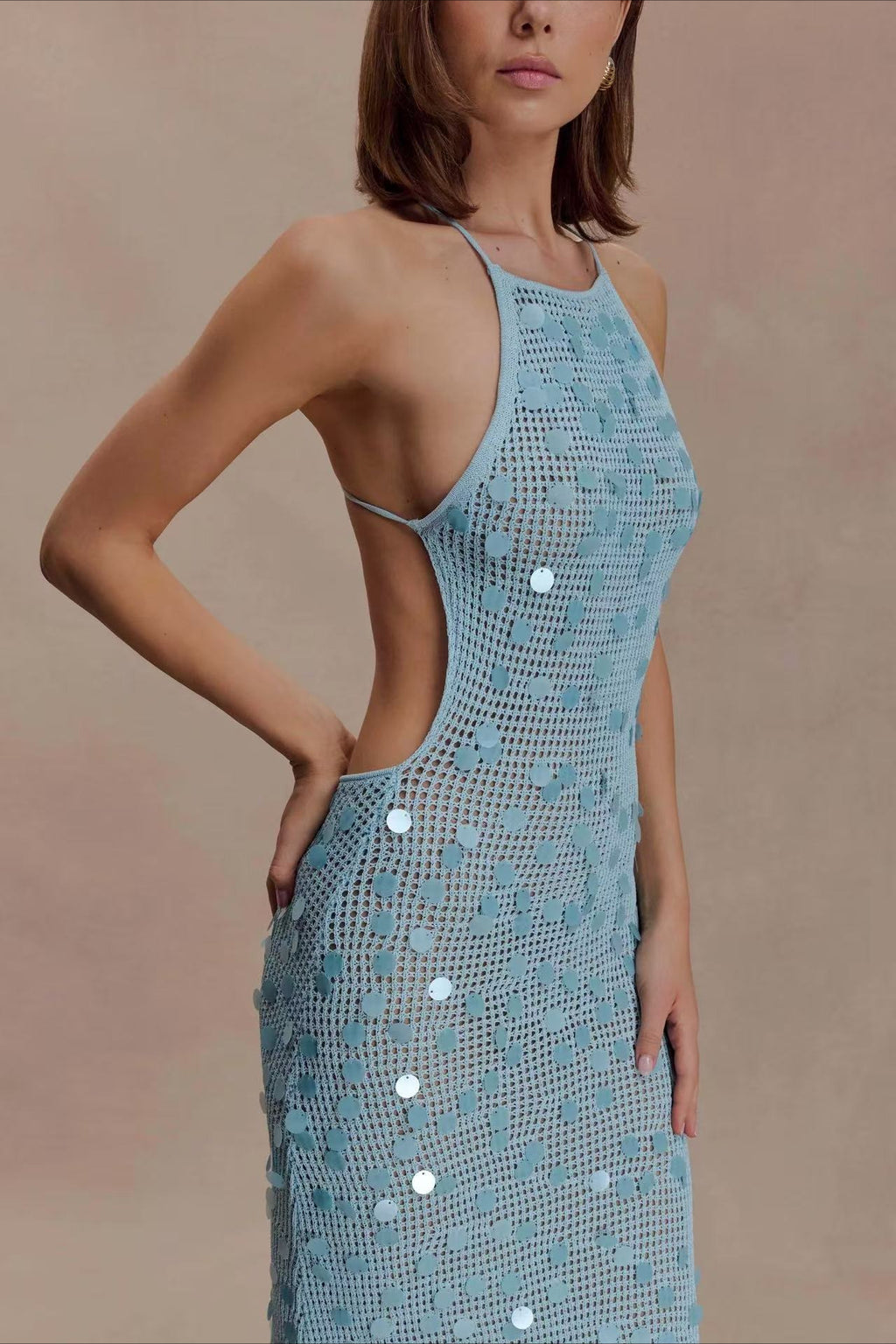 Sequin Open Back Camisole Fitted Maxi Party Dress