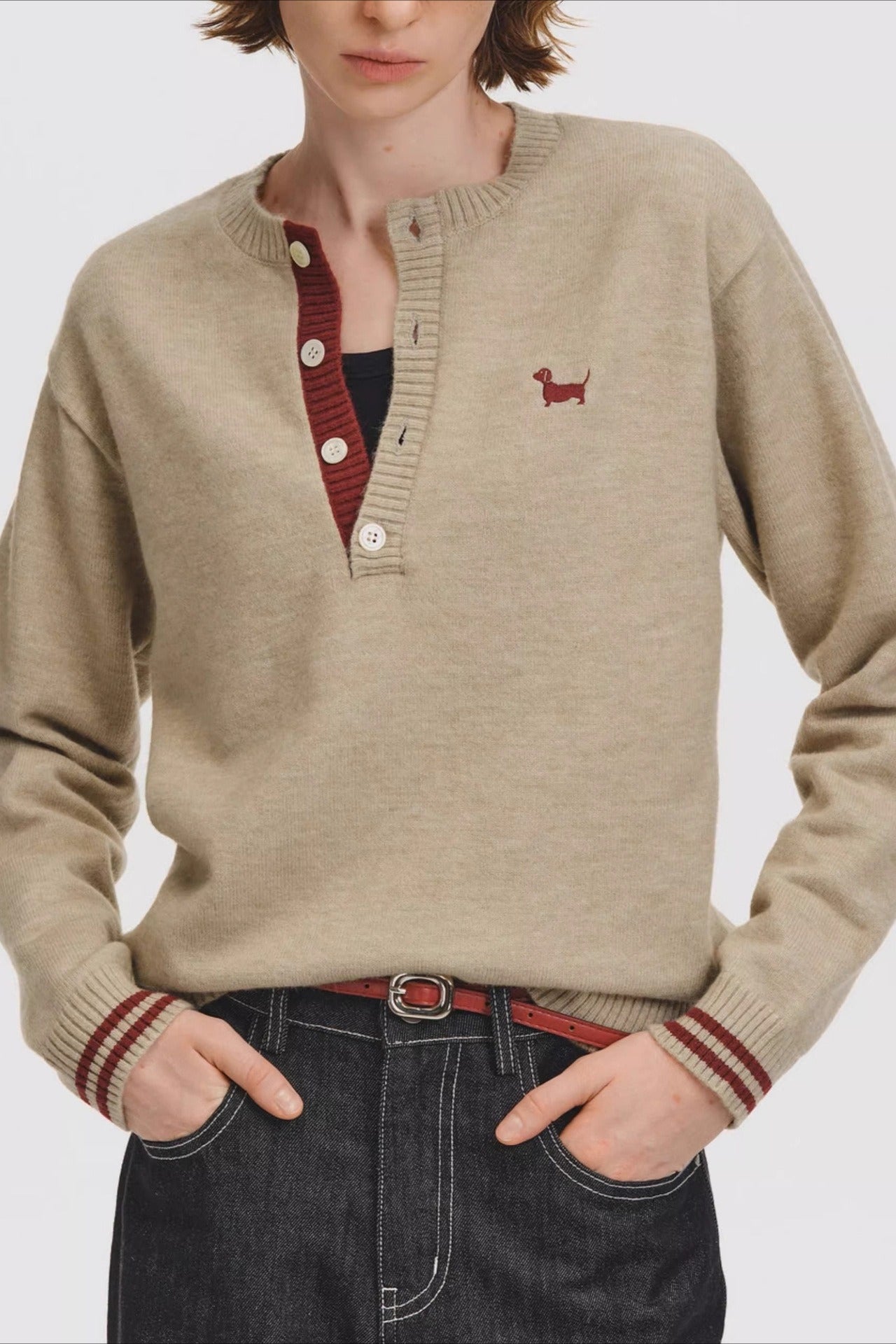 Retro Casual Striped Henley Long Sleeve Top Main image
