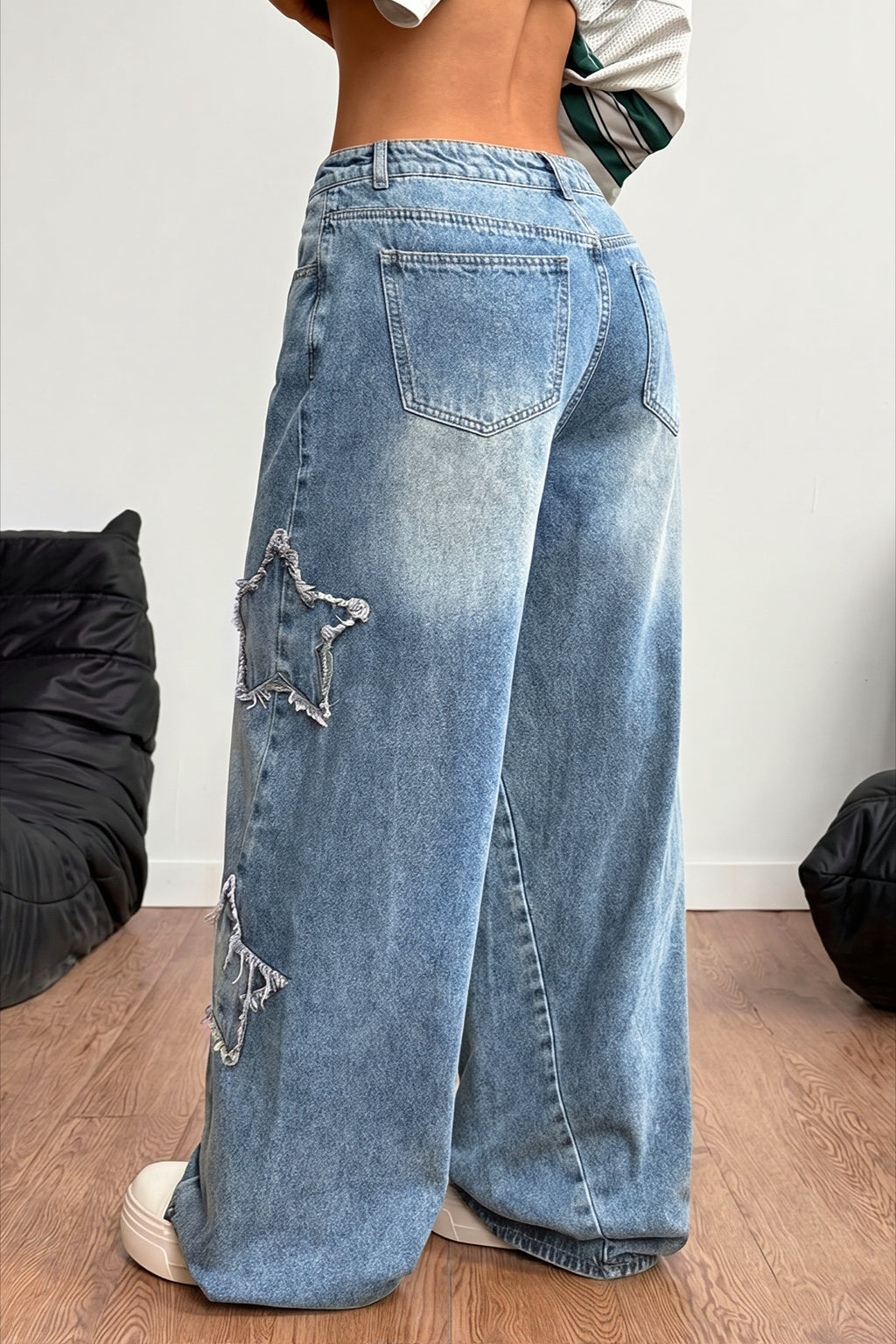 Star Patch High Rise Wide Leg Jeans