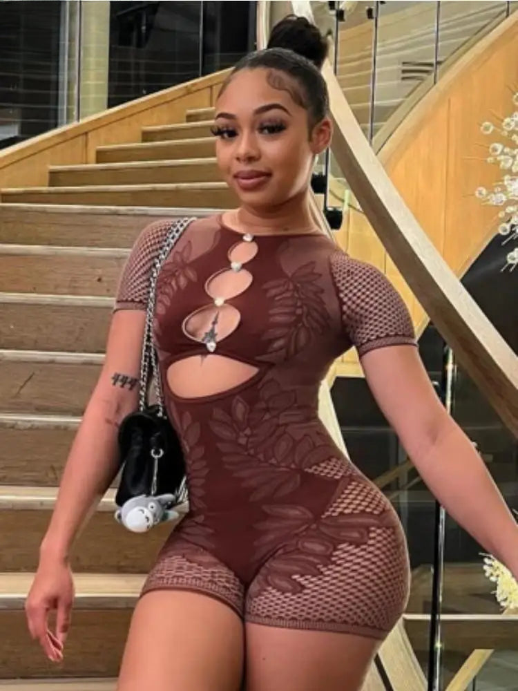 Print Hollow O-neck Short Sleeve Romper Secondary image