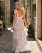 Pink Backless Strap Tiered Floral Dress