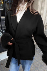 Wool Blend Faux Fur Cuff Belted Long Coat