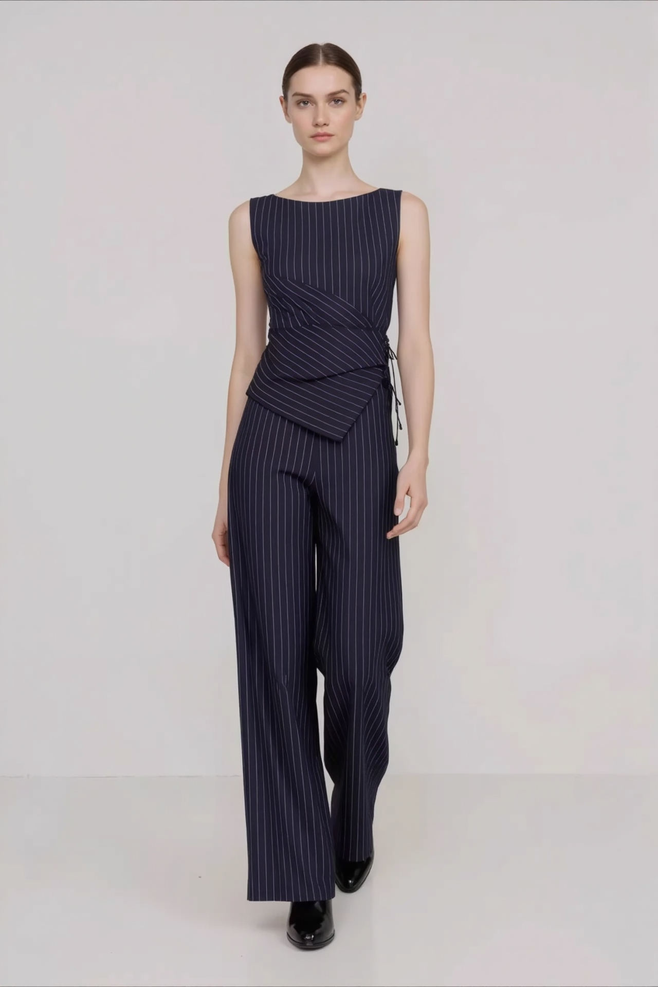 Stripe Asymmetric Sleeveless Top Straight Work Set Main image