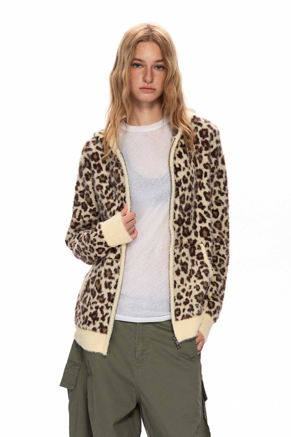 Leopard Knit Zip Up Oversized Hoodie Main image