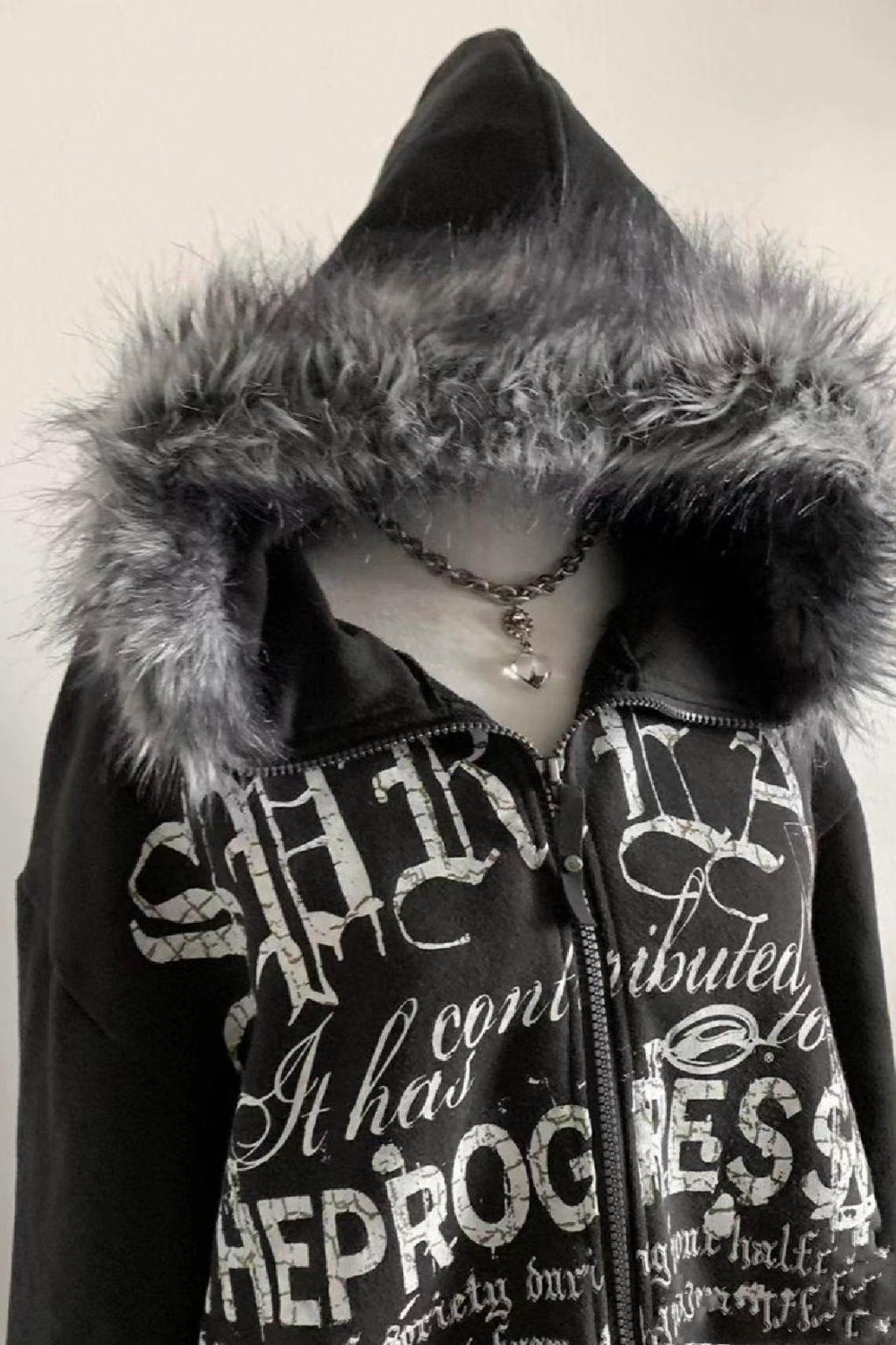 Vintage Black Goth Punk Fleece Lined Letter Zip Hoodie Secondary image
