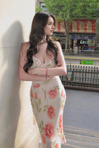 V-Neck Printed Backless Slip Floral Dress