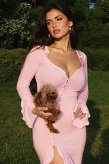 V Neck Flared Sleeve Ruffle Slit Party Dress
