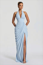 Halter V-Neck Ruched Draped Fitted Maxi Dress
