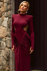Slim Solid Long Sleeve High Neck Ruched Backless Formal Dress