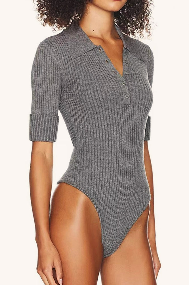 Knit Collared Short Sleeve Stretch Slim Bodysuit Secondary image