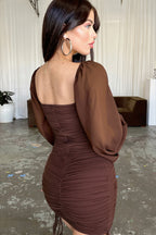 Square Neck Ruched Sheer Balloon Sleeve Mini Dress