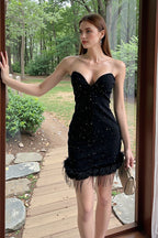 Feather Trim Glitter Corset Party Dress