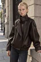 High Collar Epaulet Faux Leather Jacket