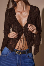 Lace Ruffle Tie Front Long Sleeve Blouse