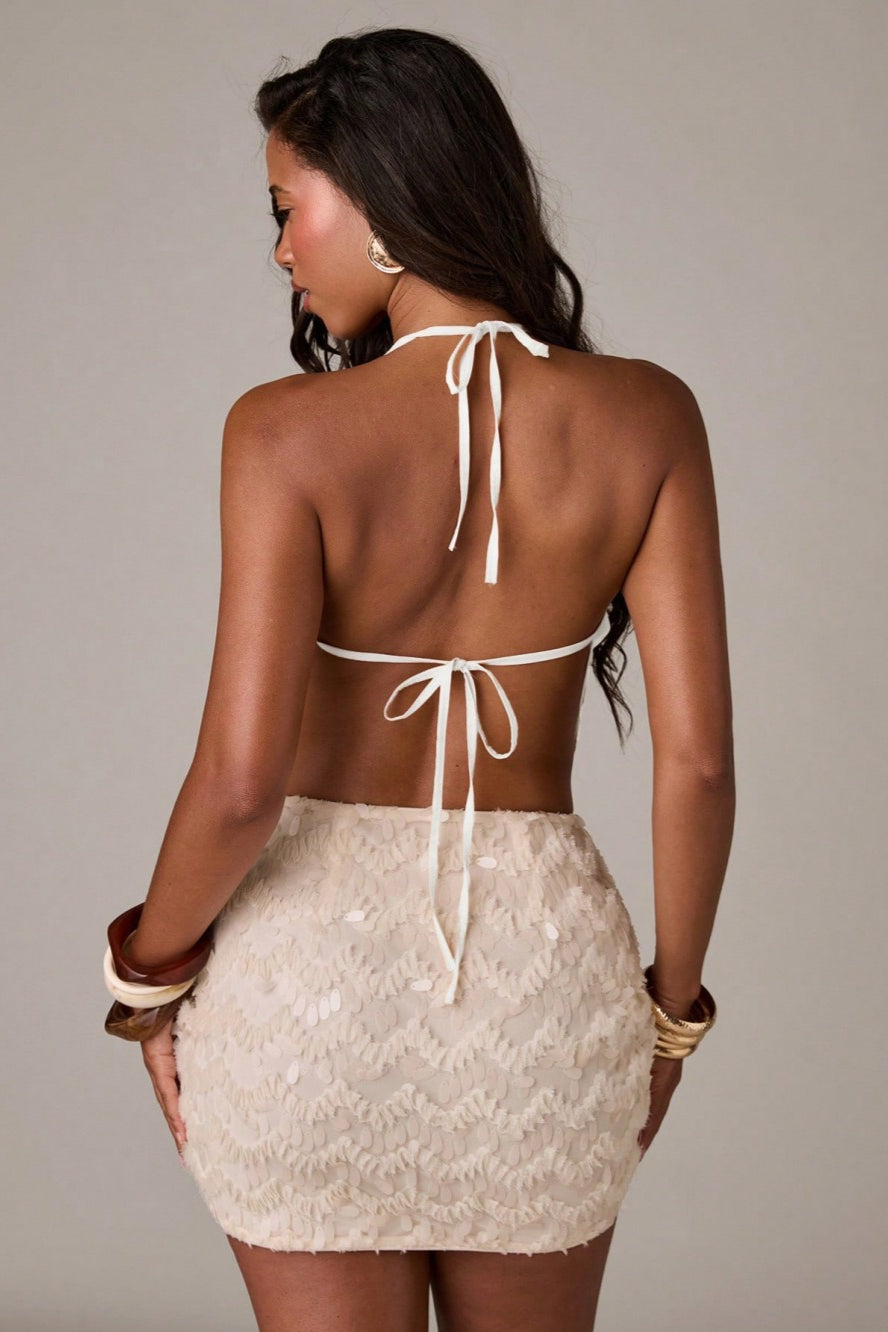 Pearl Embellished Halter Backless Crop Top