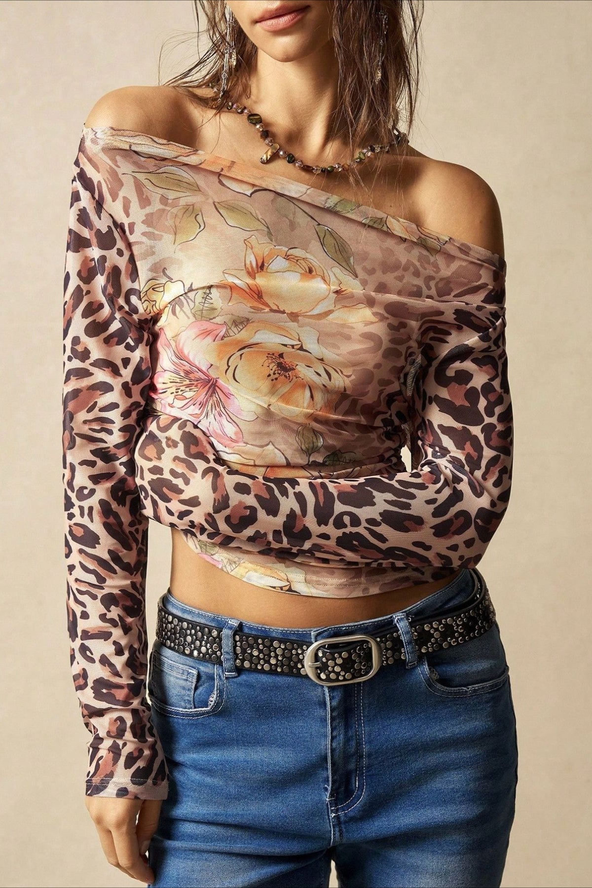 Leopard Floral Off Shoulder Mesh T-Shirt Main image