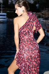 Sexy Off Shoulder Ruffled Floral Asymmetric Boho Dress